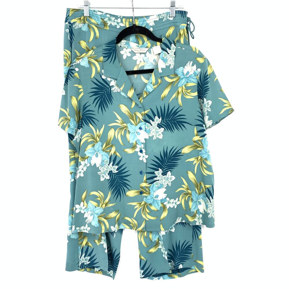 Tommy Bahama Stretch Silk 2 Piece Set Top XL Pant 12 Blue Hawaiian Floral Print